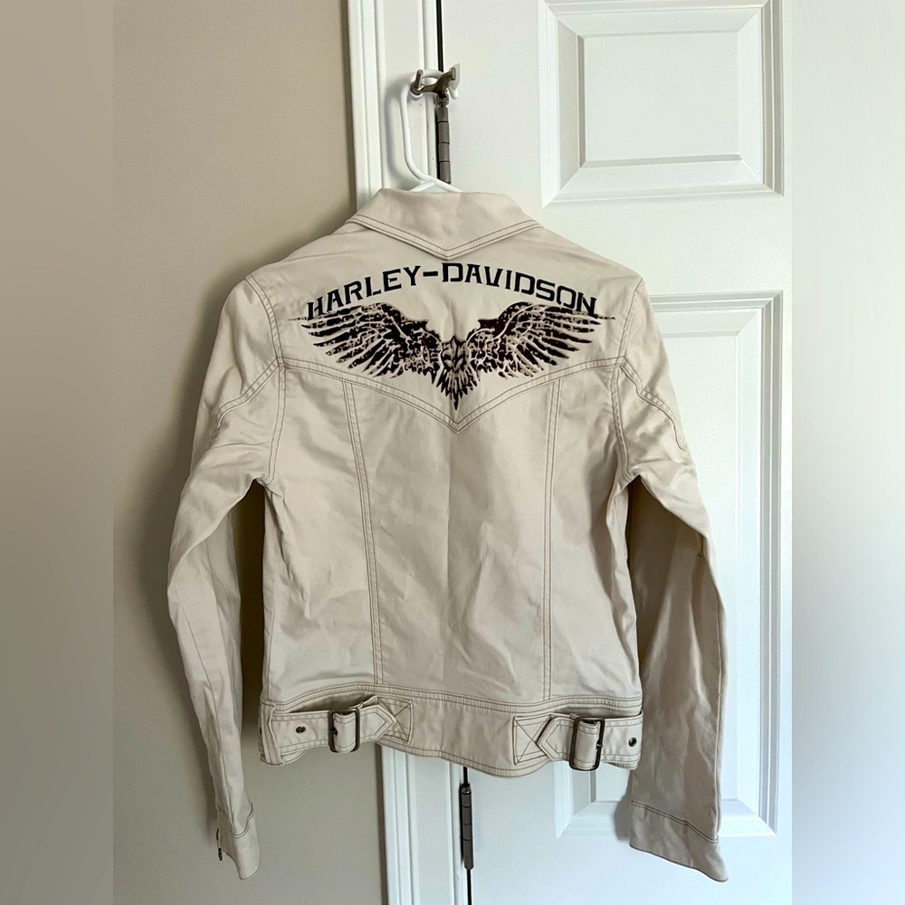 Harley Davidson Embossed Denim Cream Colored Motorcycle Jacket Size S
